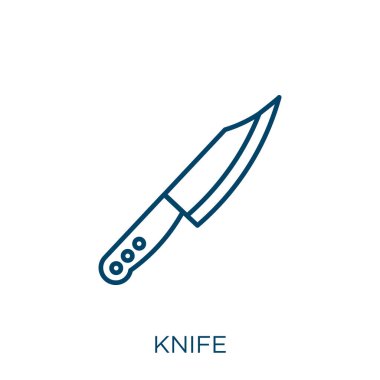 Bıçak ikonu. Beyaz arkaplanda ince doğrusal bıçak ana hatları ikonu izole edildi. Çizgi vektör bıçağı işareti, ağ ve mobil sembolü