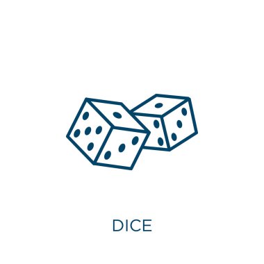 zar simgesi. Beyaz arkaplanda izole edilmiş ince doğrusal zar ana hatları simgesi. Çizgi vektör zar işareti, ağ ve mobil için sembol