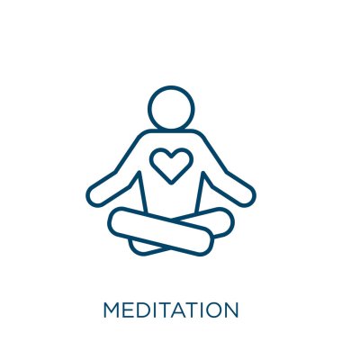 Meditasyon ikonu. Beyaz arkaplanda izole edilmiş ince doğrusal meditasyon ana hatları simgesi. Satır vektör meditasyon işareti, ağ ve mobil sembolü