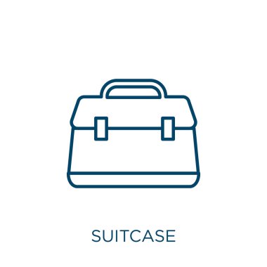 Bavul simgesi. Beyaz arkaplanda izole edilmiş ince doğrusal bavul ana hatları simgesi. Satır vektör bavul işareti, ağ ve mobil sembolü