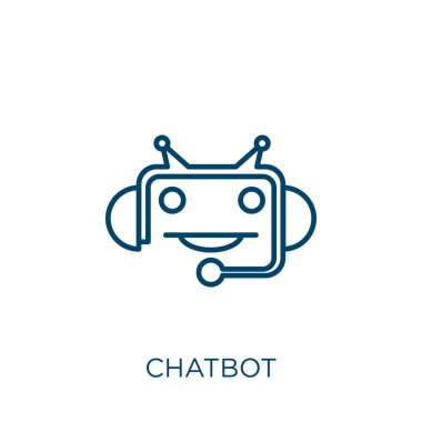Chatbot ikonu. Beyaz arkaplanda izole edilmiş ince doğrusal sohbet robotu taslak simgesi. Satır vektörü sohbet robotu işareti, ağ ve mobil sembolü