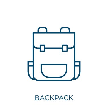 Sırt çantası simgesi. Beyaz arkaplanda izole edilmiş ince doğrusal sırt çantası ana hatları simgesi. Çizgi vektör sırt çantası işareti, ağ ve mobil sembolü