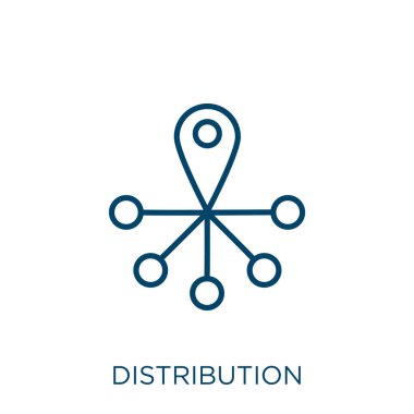 Dağıtım simgesi. Beyaz arkaplanda izole edilmiş ince doğrusal dağıtım ana hatları simgesi. Çizgi vektör dağılımı işareti, ağ ve mobil sembolü