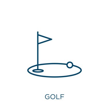 Golf ikonu. Beyaz arkaplanda izole edilmiş ince çizgisel golf çizgisi simgesi. Çizgi vektör golf işareti, ağ ve mobil sembolü