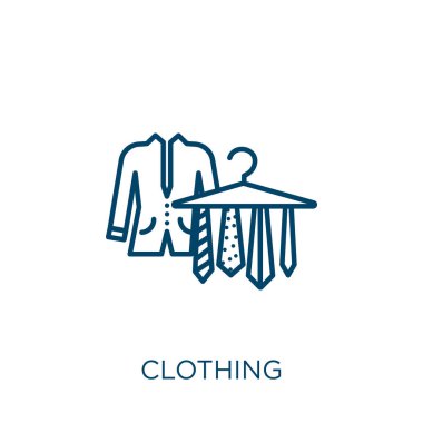 Giysi ikonu. Beyaz arkaplanda izole edilmiş ince doğrusal giyim taslak ikonu. Çizgi vektör giysi işareti, ağ ve mobil sembolü
