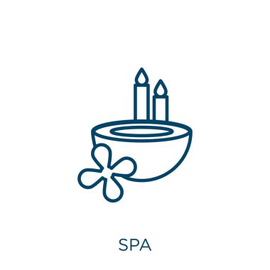 Spa ikonu. Beyaz arkaplanda izole edilmiş ince doğrusal spa ana hatları simgesi. Çizgi vektör spa işareti, ağ ve mobil sembolü