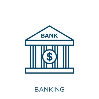 bankacılık simgesi. İnce doğrusal bankacılık ana hatları simgesi beyaz arkaplanda izole edildi. Çizgi vektör bankacılık işareti, ağ ve mobil sembolü