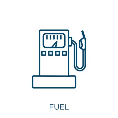 Yakıt ikonu. Beyaz zemin üzerinde izole edilmiş ince doğrusal yakıt ana hatları ikonu. Çizgi vektör yakıt işareti, ağ ve mobil sembolü