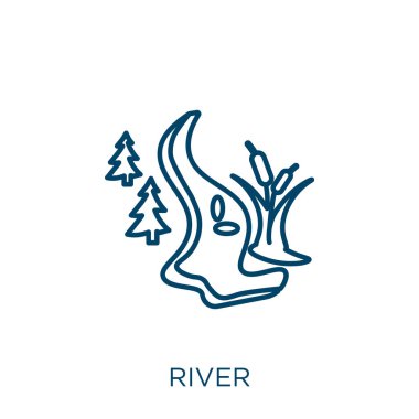 Nehir ikonu. Beyaz arkaplanda ince doğrusal nehir ana hatları simgesi izole edildi. Satır vektörü nehir işareti, ağ ve mobil sembolü