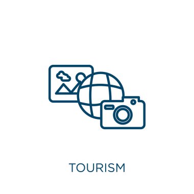 Turizm ikonu. Beyaz arka planda izole edilmiş ince doğrusal turizm ana hatları simgesi. Çizgi vektör turizmi işareti, web ve mobil sembolü