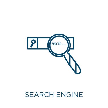 Arama motoru simgesi. İnce doğrusal arama motoru ana hatları simgesi beyaz arkaplanda izole edildi. Satır vektör arama motoru işareti, ağ ve mobil sembolü