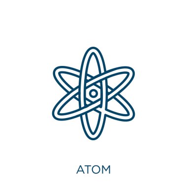 Atom simgesi. Beyaz arkaplanda izole edilmiş ince doğrusal atom ana hatları simgesi. Çizgi vektör atom işareti, ağ ve mobil sembolü