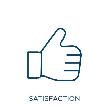 Tatmin ikonu. Beyaz arkaplanda izole edilmiş ince doğrusal memnuniyet ana hatları simgesi. Çizgi vektör memnuniyet işareti, ağ ve mobil sembolü