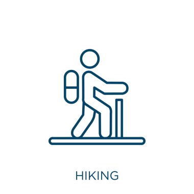 hiking icon. Thin linear hiking outline icon isolated on white background. Line vector hiking sign, symbol for web and mobile