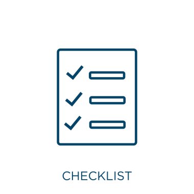 checklist icon. Thin linear checklist outline icon isolated on white background. Line vector checklist sign, symbol for web and mobile