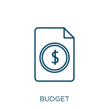 budget icon. Thin linear budget outline icon isolated on white background. Line vector budget sign, symbol for web and mobile