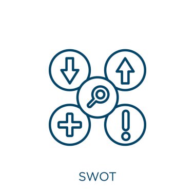 zeka simgesi. Beyaz arkaplanda izole edilmiş ince doğrusal swot ana hatları simgesi. Satır vektör zeka işareti, ağ ve mobil sembolü