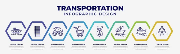 vector infographic design template with icons and 8 options or steps. infographic for transportation concept. included ferry boat, railway line, monster truck, airport shuttle, scooter front view,