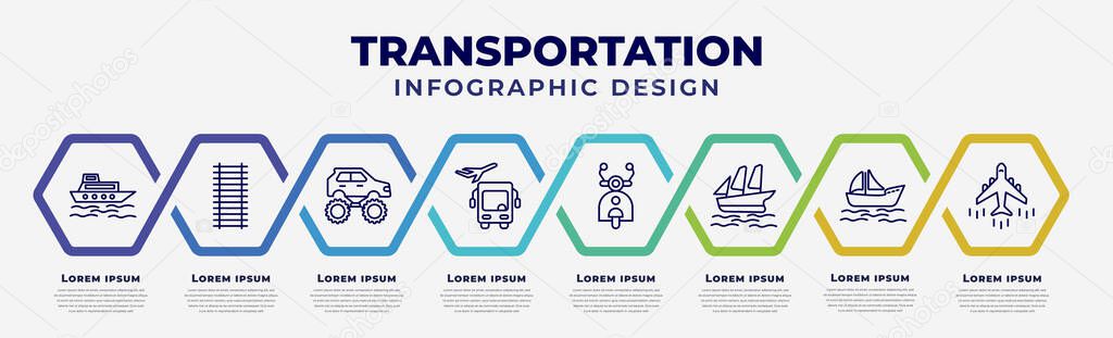 vector infographic design template with icons and 8 options or steps. infographic for transportation concept. included ferry boat, railway line, monster truck, airport shuttle, scooter front view,