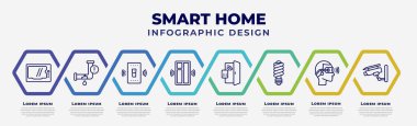 vector infographic design template with icons and 8 options or steps. infographic for smart home concept. included intercom, leak, smart switch, windows, access, illumination, virtual reality,