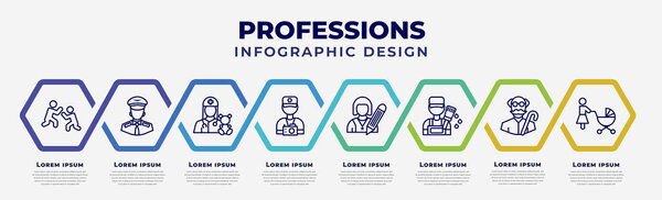 vector infographic design template with icons and 8 options or steps. infographic for professions concept. included wrestling, pilot, pediatrician, photographer, writer, painter, pensioner, baby
