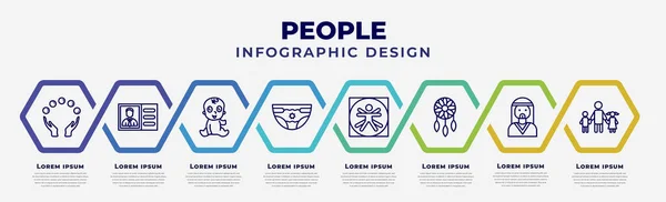 vector infographic design template with icons and 8 options or steps. infographic for people concept. included juggling ball, identification ard, baby zone, baby with diaper, vitruvian man,