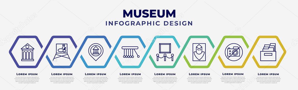 vector infographic design template with icons and 8 options or steps. infographic for museum concept. included museum building, museum canvas, map, newtons cradle, exhibit, el greco, no photo,