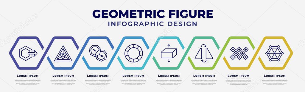 vector infographic design template with icons and 8 options or steps. infographic for geometric figure concept. included sent, triangle of triangles, merge, circular, flatten, flip, tile, star of