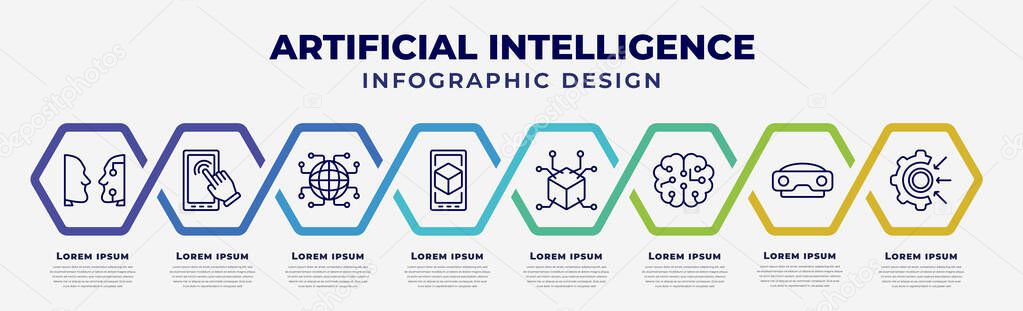vector infographic design template with icons and 8 options or steps. infographic for artificial intelligence concept. included turing test, touch screen, , ar, 3d, intelligence, stereoscope,