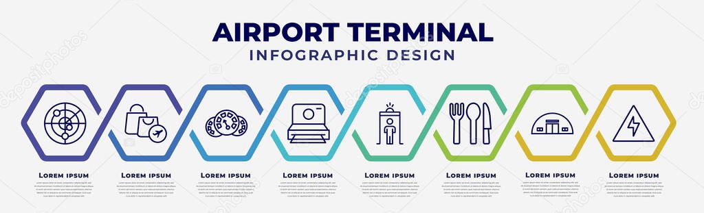 vector infographic design template with icons and 8 options or steps. infographic for airport terminal concept. included airport radar, duty free bag, flight panel, vintage camera, security control,