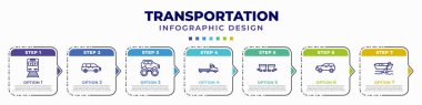 infographic template with icons and 7 options or steps. infographic for transportation concept. included train front, people carrier, monster truck, flatbed lorry, wagon, suv, dugout canoe editable