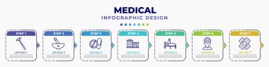 infographic template with icons and 7 options or steps. infographic for medical concept. included medical hammer tool, medicines bowl, drug pills, hospital building front, illness on bed, hospital