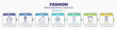 infographic template with icons and 7 options or steps. infographic for fashion concept. included electrical appliances, men tracksuit, footwear, accesory, swimwear, drying, star medal editable
