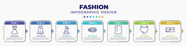 infographic template with icons and 7 options or steps. infographic for fashion concept. included dress with belt, summer dress, women drees, barrette, rag, heart pendant, purses editable vector.