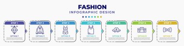 infographic template with icons and 7 options or steps. infographic for fashion concept. included jewel, sweater with hood, pajamas, women sleeveless shirt, pirate hat, closed briefcase, tux