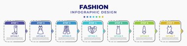 infographic template with icons and 7 options or steps. infographic for fashion concept. included hell, outfit, hakama, suit with bow tie, elegante, cloth, wellness coach editable vector.
