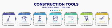 infographic template with icons and 7 options or steps. infographic for construction tools concept. included spade tool, home repair, hook with cargo, open paint bucket, gardening digger, screws,