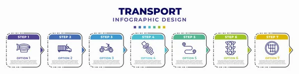 infographic template with icons and 7 options or steps. infographic for transport concept. included blimp, trucking, quad bike, seatbelt, way, semaphore, gearshift editable vector.