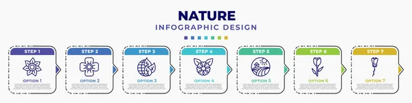 infographic template with icons and 7 options or steps. infographic for nature concept. included gardenia, poppy, eco globe, flower, field, tulip, rose editable vector.
