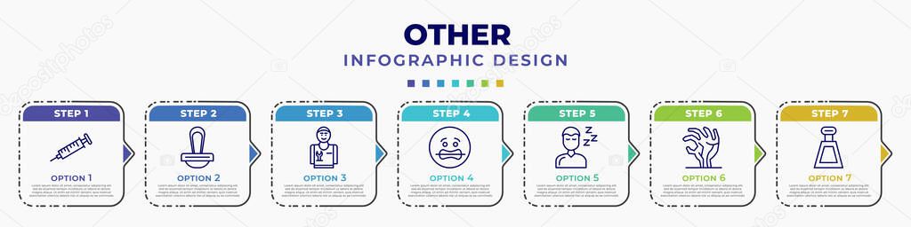 infographic template with icons and 7 options or steps. infographic for other concept. included syrnge, wooden stamper, plumbering, scared smile, sleepy, zambie hand, kilograms editable vector.