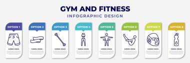 infographic template with icons and 8 options or steps. infographic for gym and fitness concept. included fitness shorts, resistance band, exercise bands, sport wear, stick man hoop, abdominal
