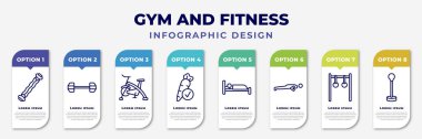infographic template with icons and 8 options or steps. infographic for gym and fitness concept. included sport expander, dumbbells exercise, riding bicycle, good diet, sleep, pushups exercises,