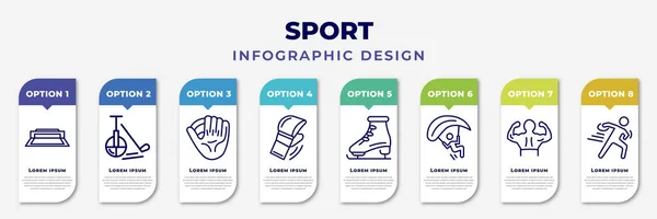 infographic template with icons and 8 options or steps. infographic for sport concept. included tennis court, unicycling hockey, baseball glove, mixed martial arts, figure skating, paragliding,