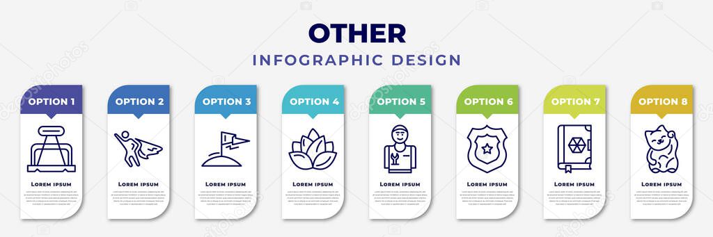 infographic template with icons and 8 options or steps. infographic for other concept. included office clip, super hero, king of the hill, loto, plumbering, blazon, speell book, japanese cat