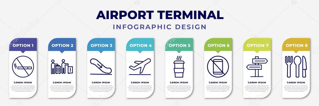 infographic template with icons and 8 options or steps. infographic for airport terminal concept. included no smoking, airport queue, airport down stairs, plane landing, hot coffee, forbbiden phone,