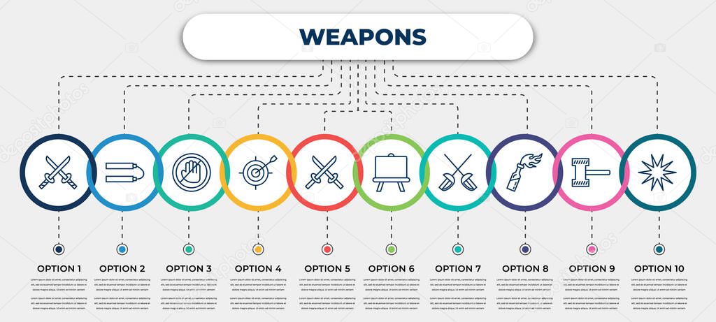 vector infographic template with icons and 10 options or steps. infographic for weapons concept. included 2 katanas, japanese nunchaku, no arms, dart board game, two katanas, boards, sabre, molotov