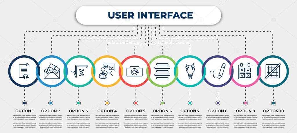 vector infographic template with icons and 10 options or steps. infographic for user interface concept. included uploading file, dollars in a mail, square root, person explaining data, switch