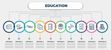 simgeli vektör bilgi şablonu ve 10 seçenek veya adım. Eğitim konsepti için bilgi. Mezuniyet diploması, diploma kağıdı, çeşitli dosyalar, 3D sözlük ve çalışmalar içeriyor.,
