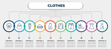 vector infographic template with icons and 10 options or steps. infographic for clothes concept. included t shirt with de, bucket bag, pegged pants, shutter sunglasses, harem pants, cotton cardigan,