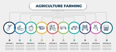 vector infographic template with icons and 10 options or steps. infographic for agriculture farming concept. included seed, bread, capsicum, wood logs, vegetables, trailer, pickup, garden bench,